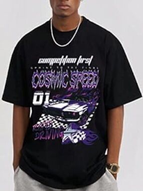 ROMWE Black Tee with Purple and Pink Racing Graphic